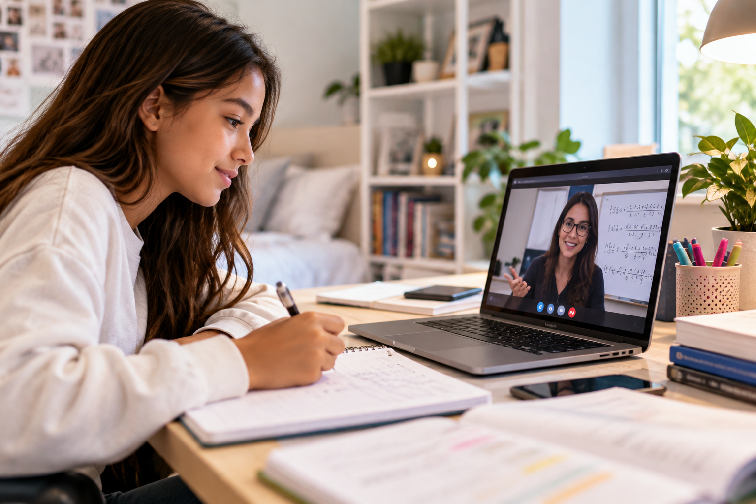 Teen student participating in personalized online tutoring from home