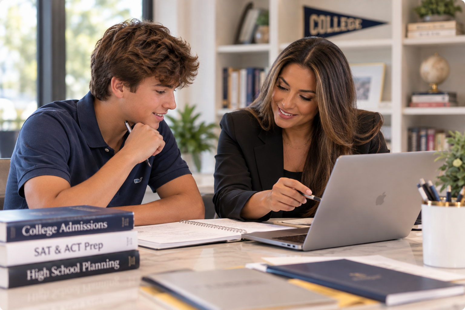 High school and college planning with a student and academic advisor